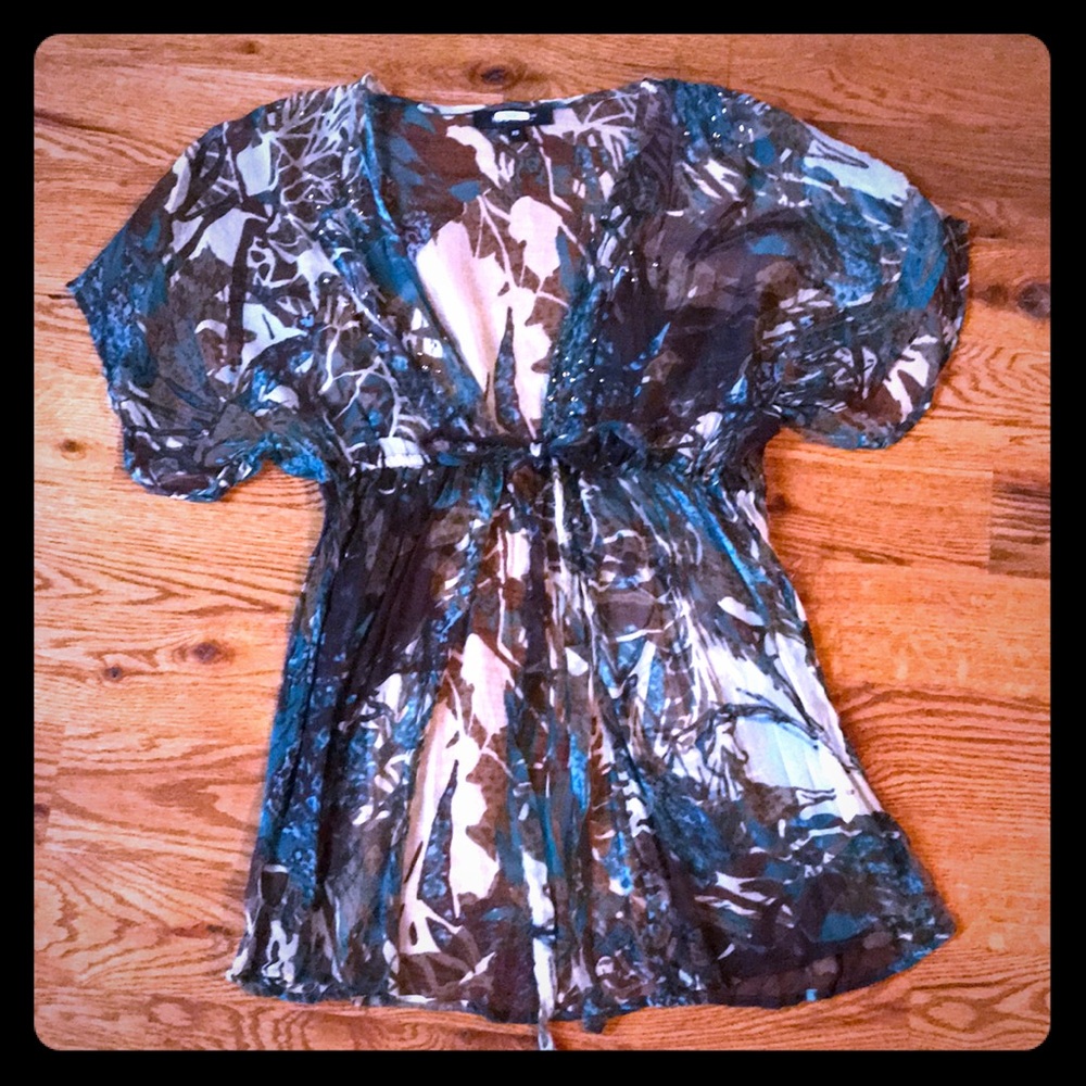 Karen Kane 100% SILK TEAL and BROWN Topsize XS
